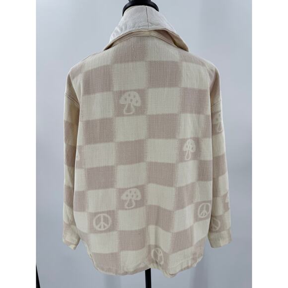 Urban Outfitters Kimono Jacket Cream Checked Wrap Coat Mushroom Peace XS S M - Picture 3 of 10
